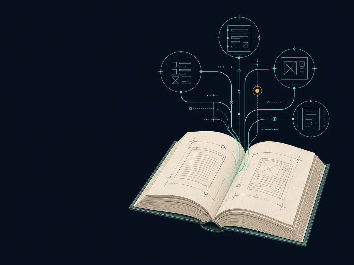 Illustration of an open book connected to a system of writing tools