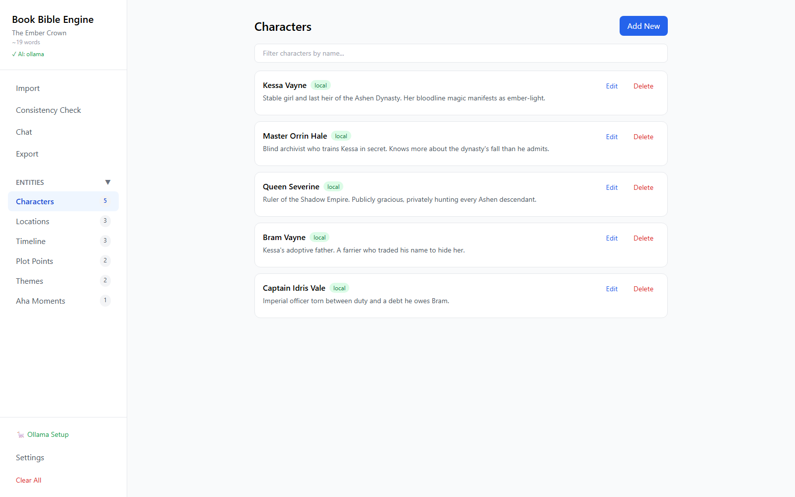 Book Bible Engine showing a novel's character list with descriptions
