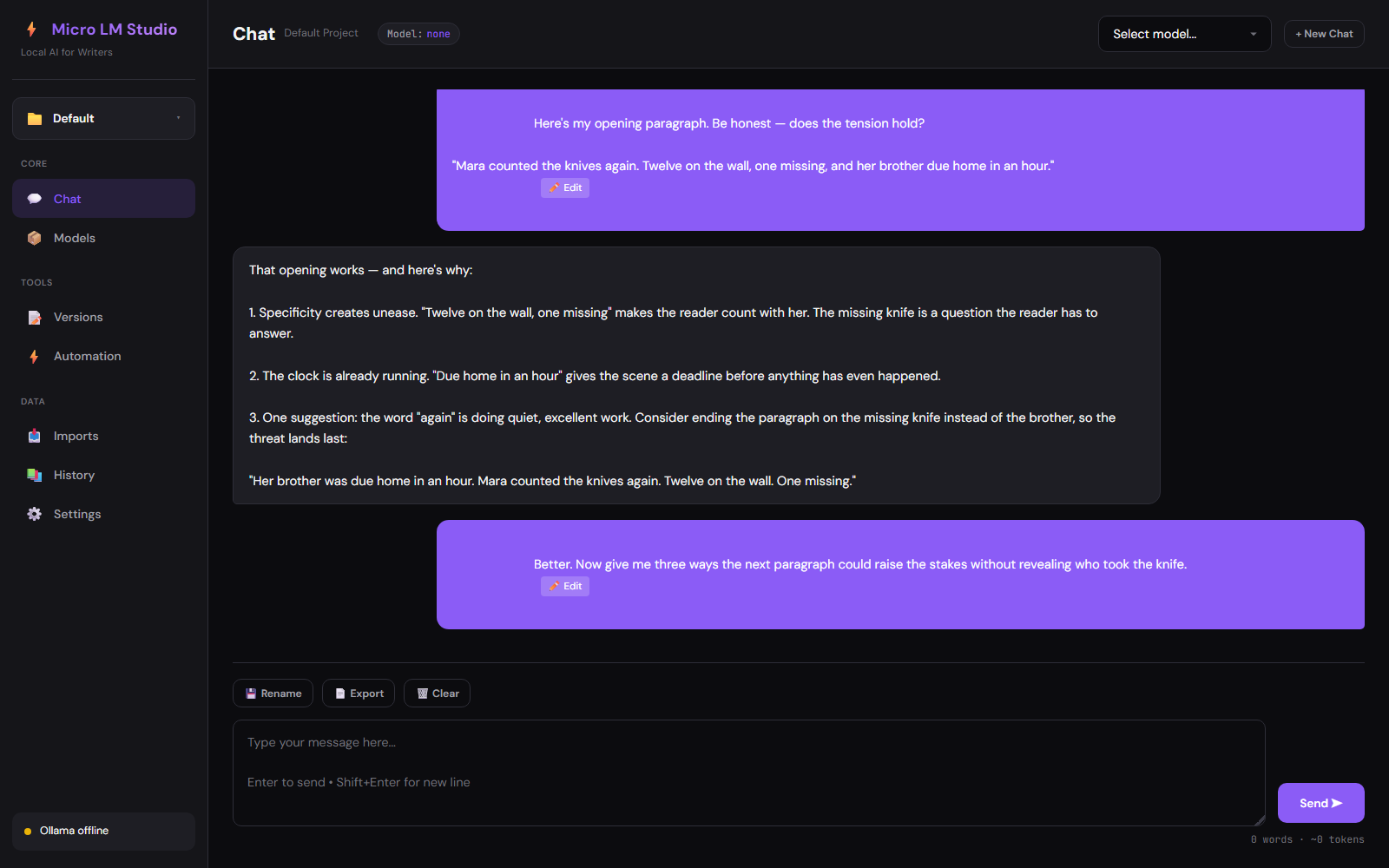 Micro LM Studio chat giving honest feedback on an opening paragraph