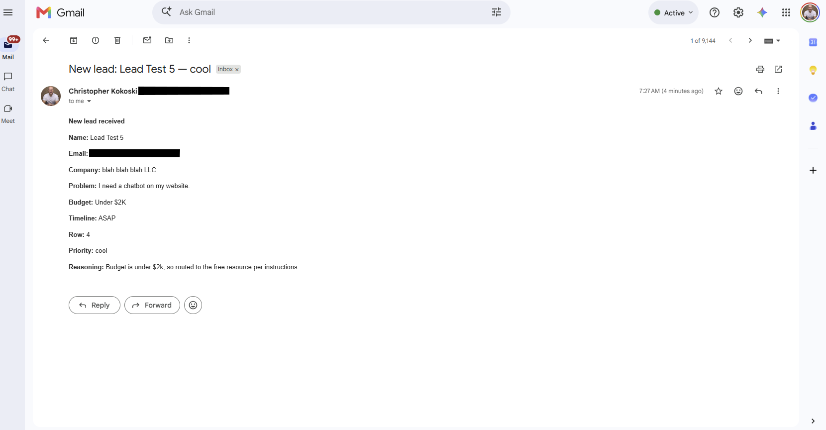 An automated internal email alert summarizing a new lead