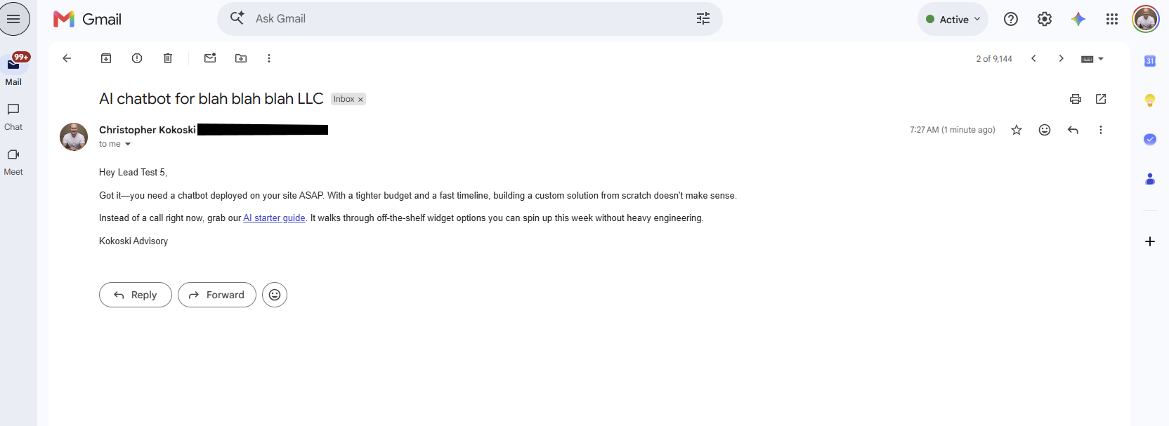An automated reply redirecting an under-budget lead to a resource