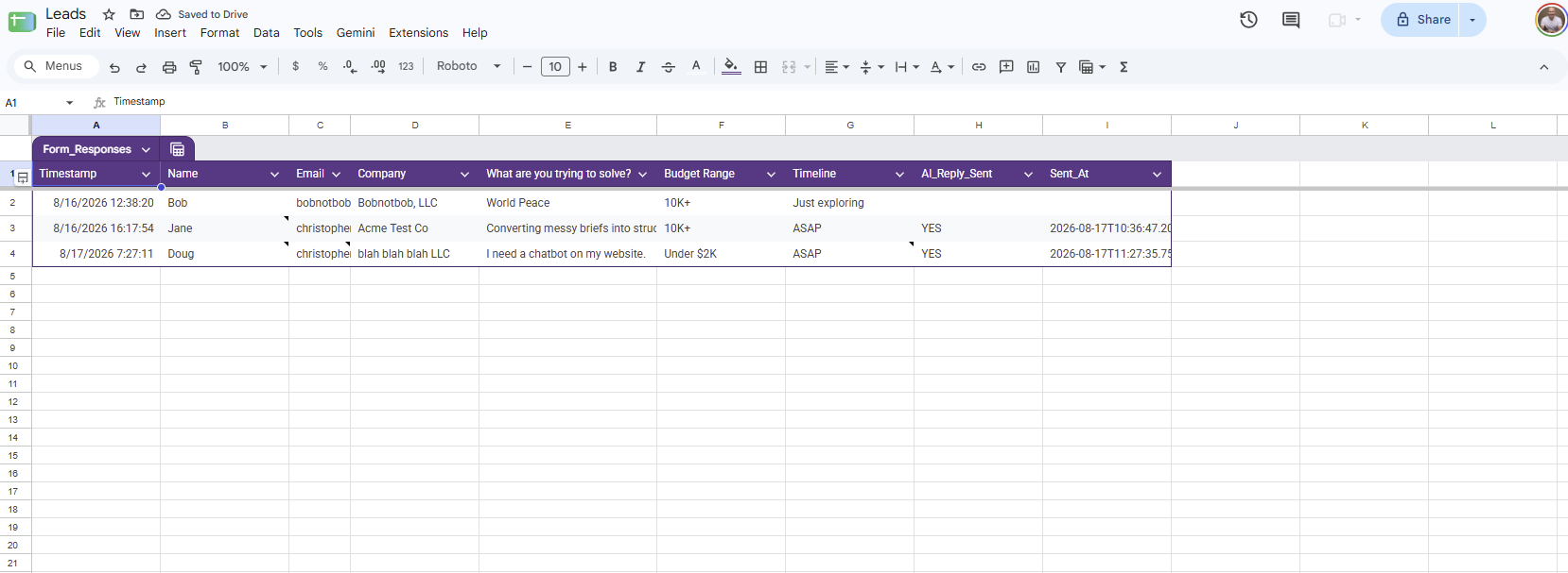 The Google Sheet lead log with triage scores and reasoning