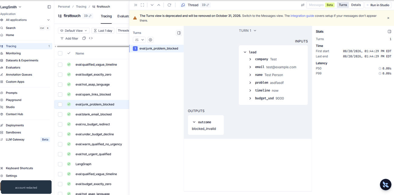 A LangSmith trace of a spam lead showing zero latency and an outcome of blocked_invalid
