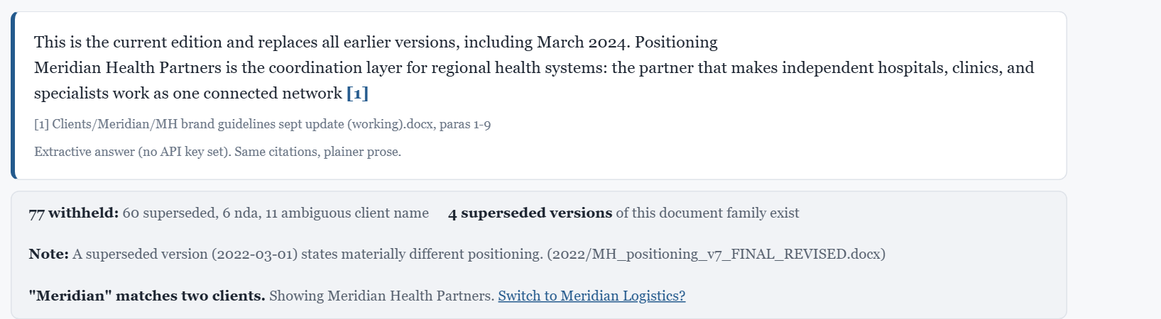 A cited answer quoting the current positioning, and beneath it a gray disclosure strip reading: 77 withheld (60 superseded, 6 nda, 11 ambiguous client name), 4 superseded versions of this document family exist, a superseded 2022 version states materially different positioning, and Meridian matches two clients, showing Meridian Health Partners, switch to Meridian Logistics?